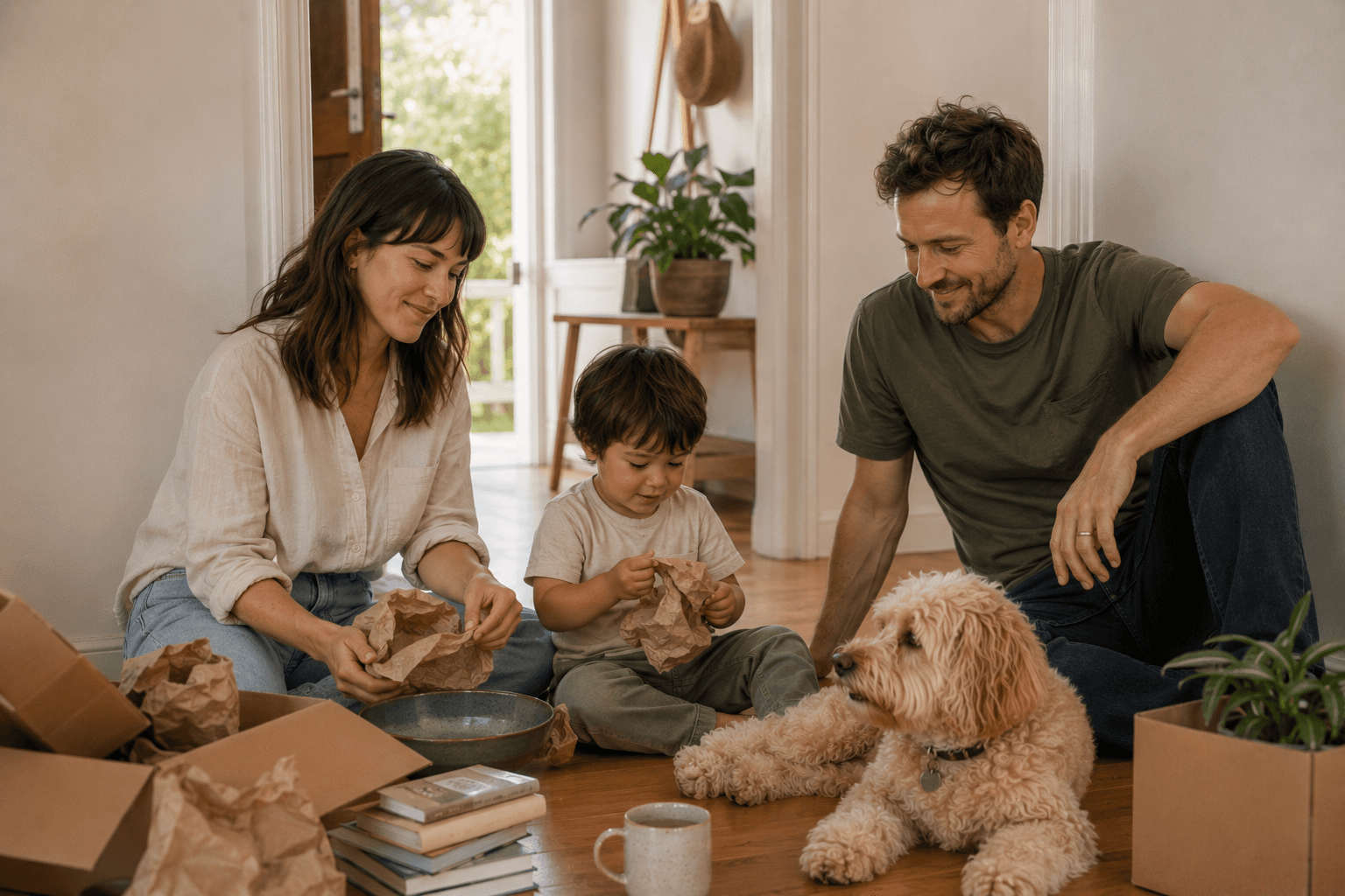 A family unpacking boxes on the floor of their new home with their dog