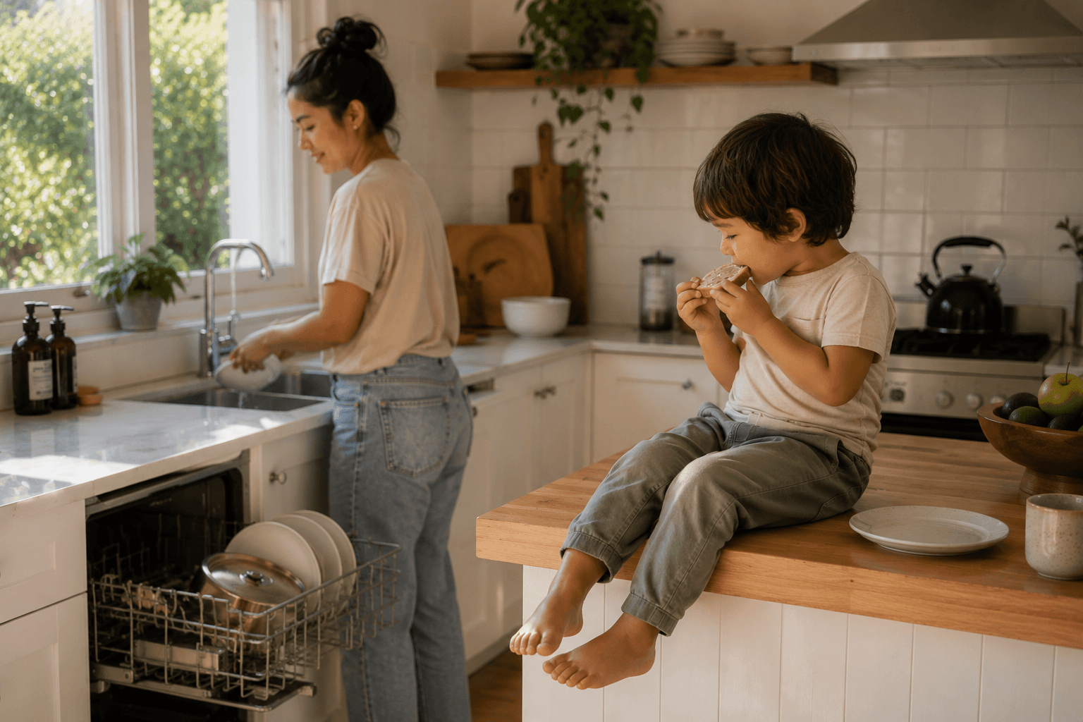 A parent washing dishes while their child eats toast on the kitchen bench