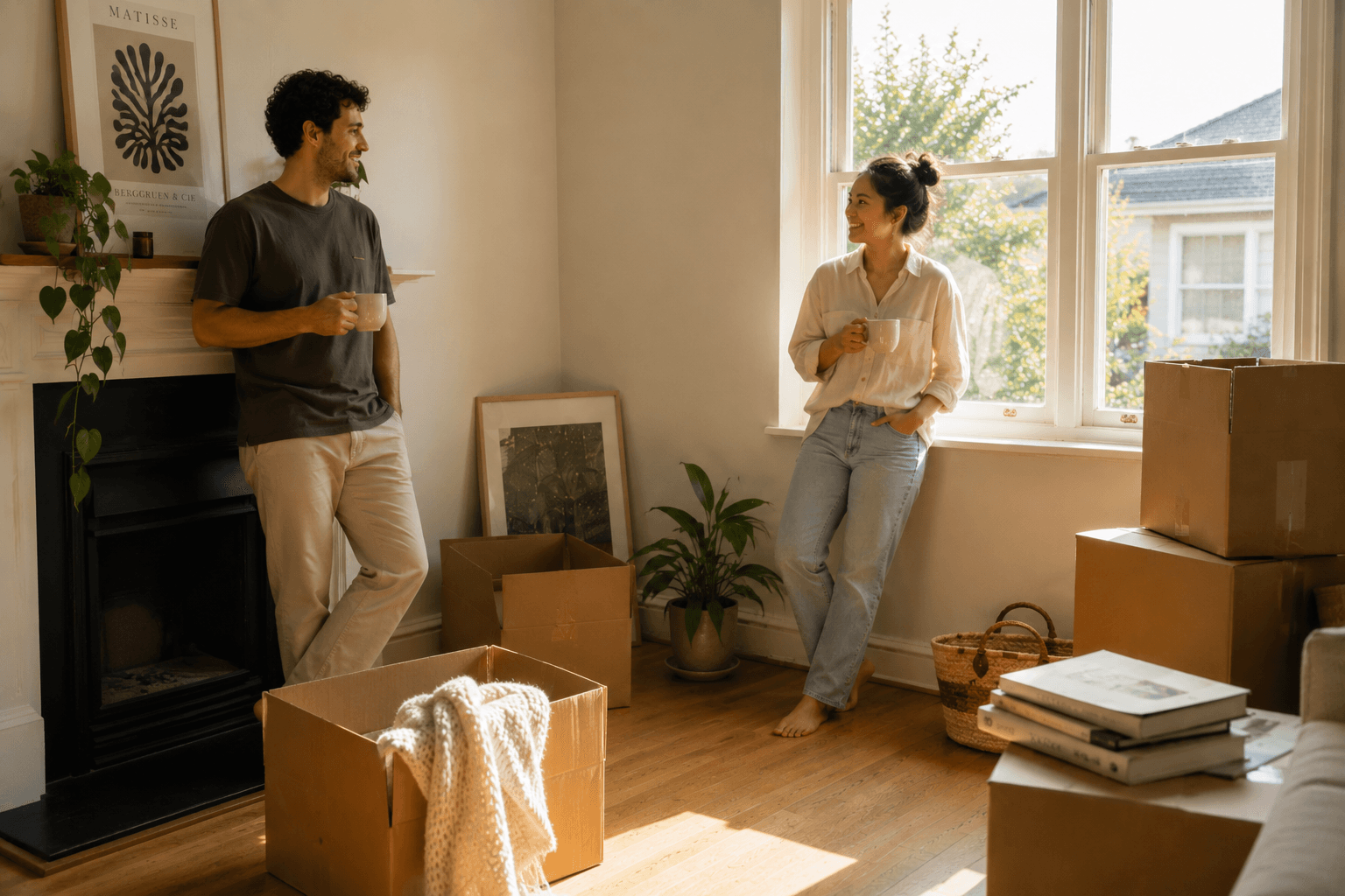 A couple with coffee among moving boxes in the lounge of their new home