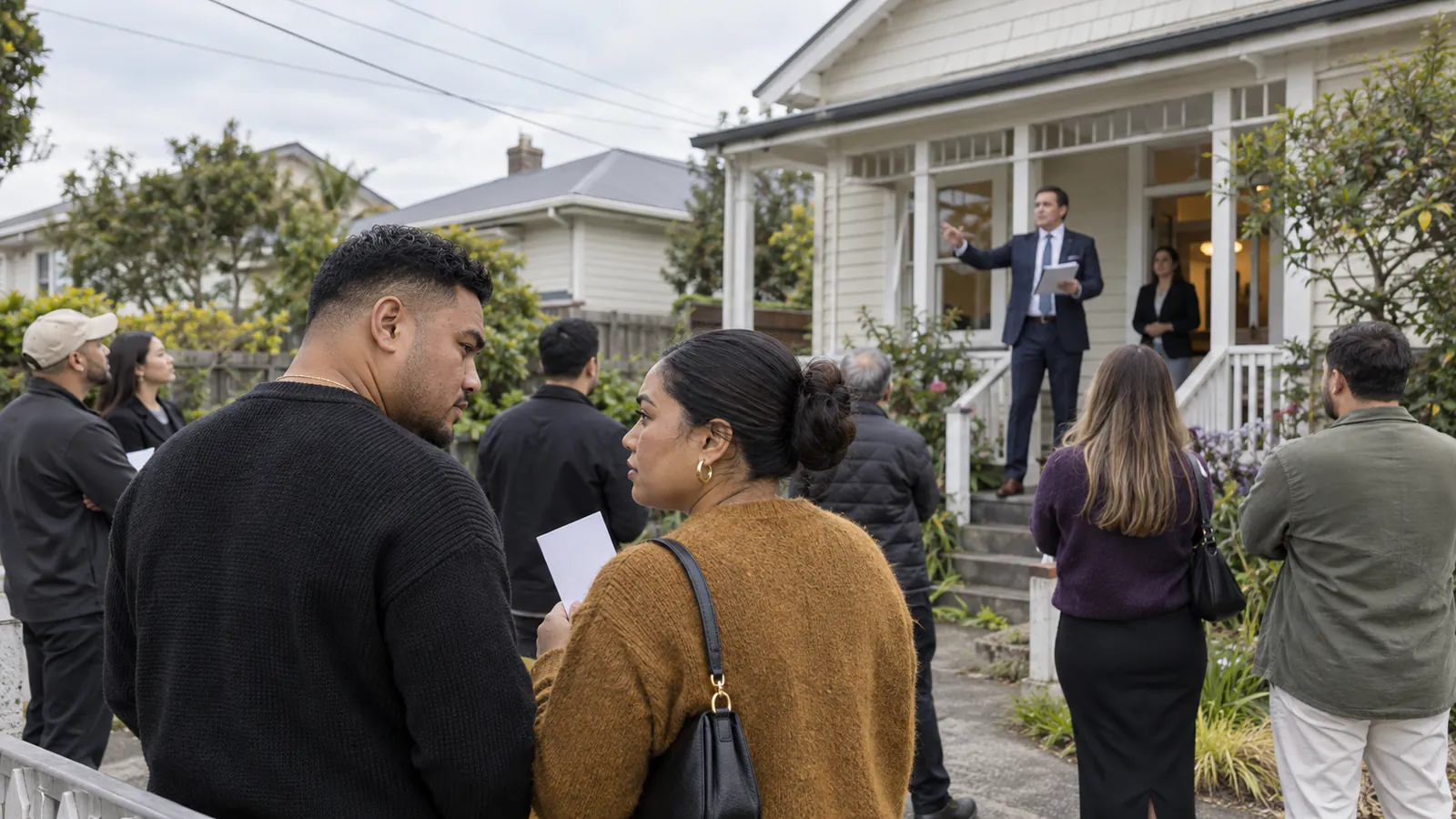 First-home buyers watching an auction outside an Auckland bungalow