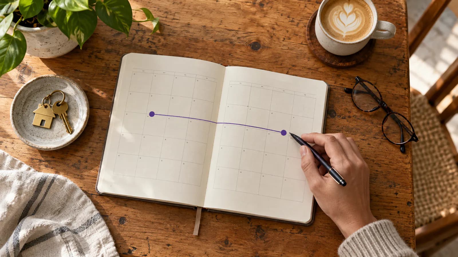 A calendar with a two-year timeframe marked, next to house keys