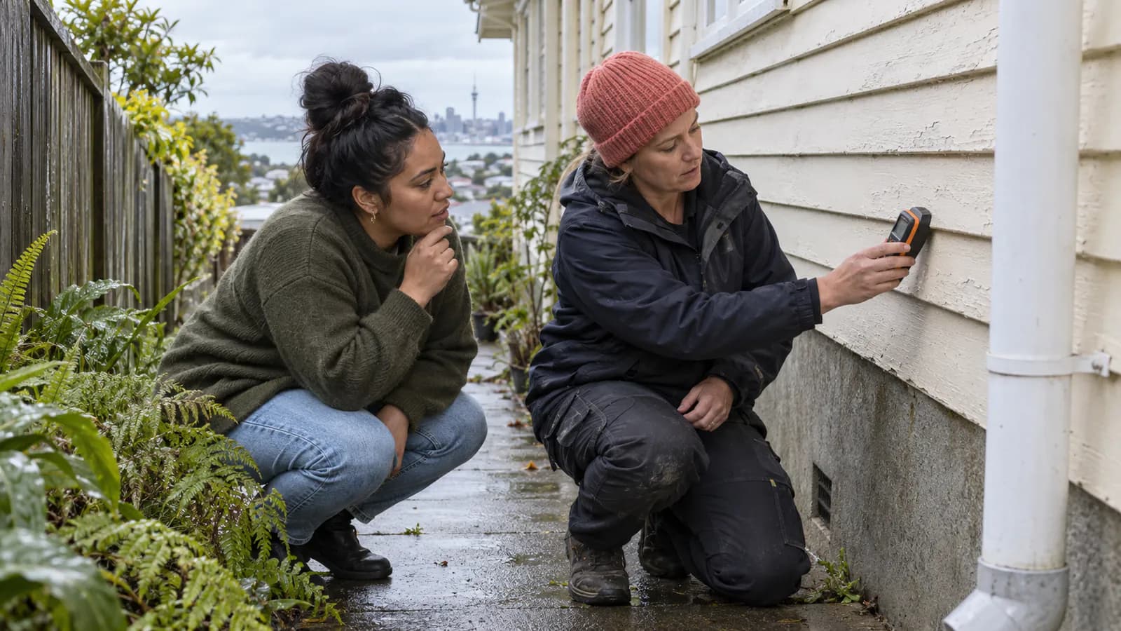A building inspector testing the weatherboard cladding of an Auckland house