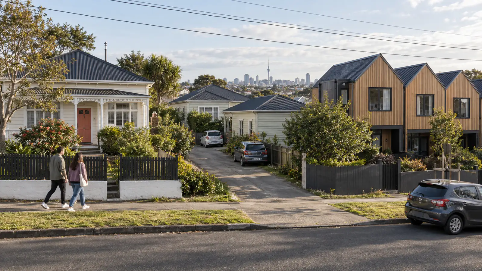 Rows of New Zealand townhouses and standalone homes on a suburban street