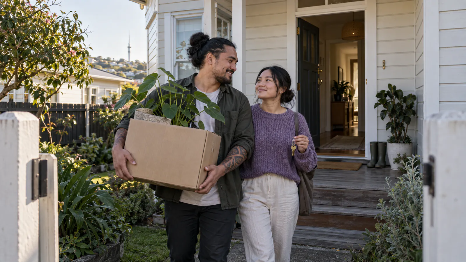 First-home buyers holding keys outside their new house