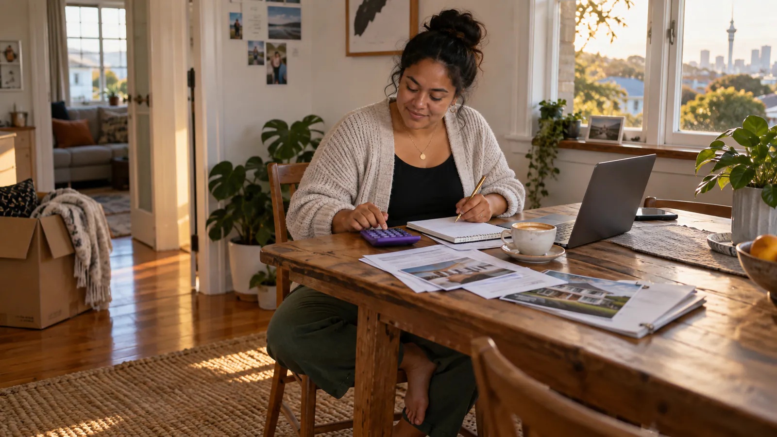 A person working out the costs of buying a home at a kitchen table