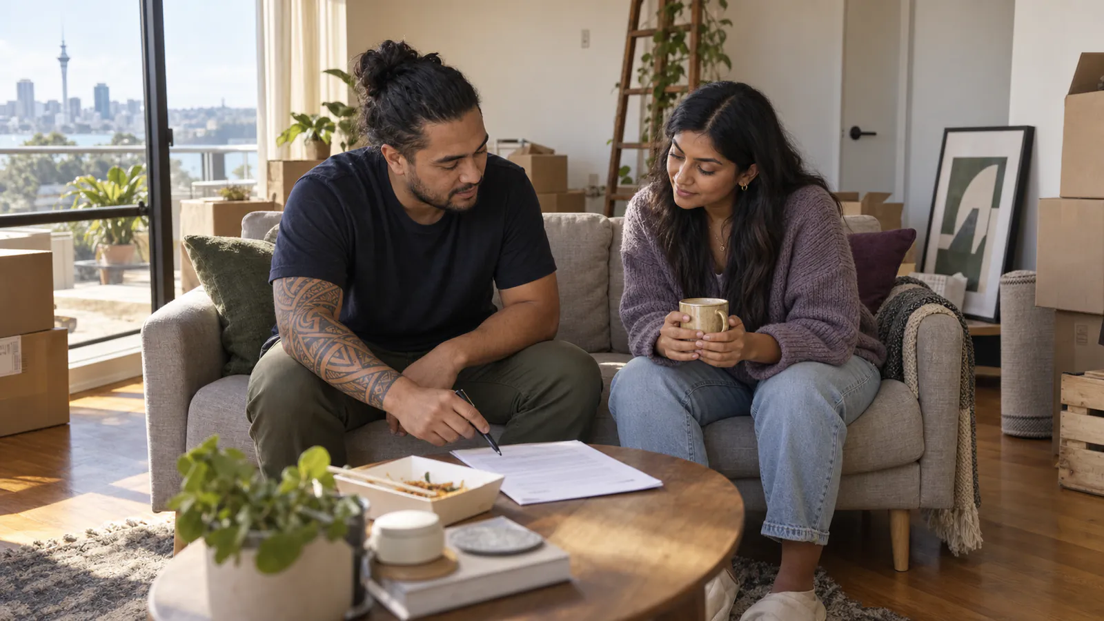 Two co-buyers reviewing paperwork together on a couch