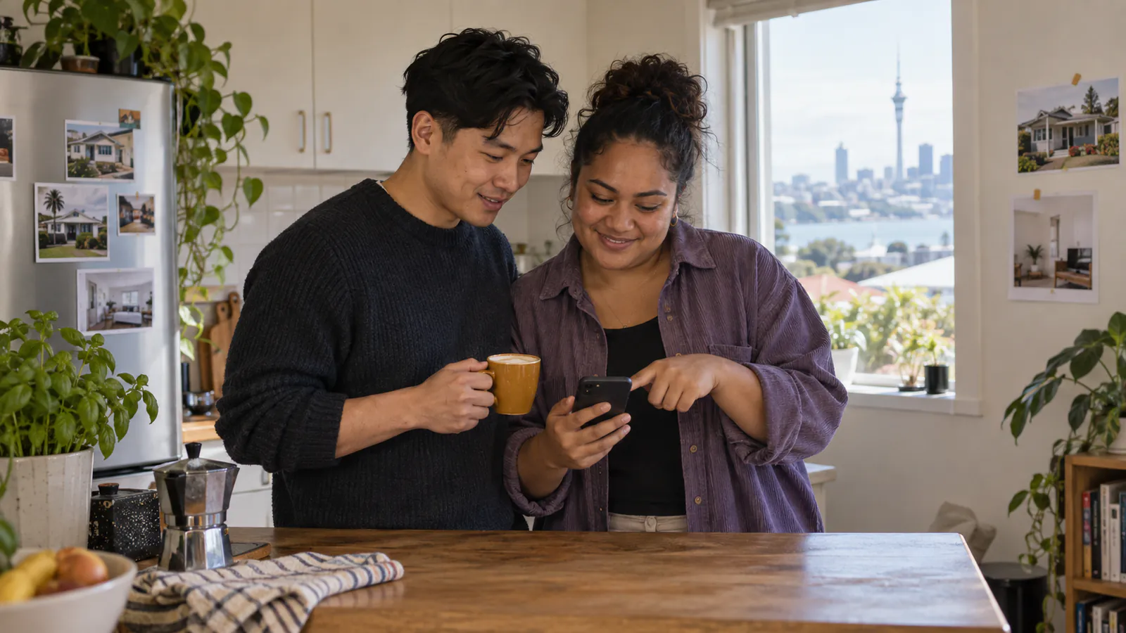 Couple checking their KiwiSaver balance on a phone in their kitchen