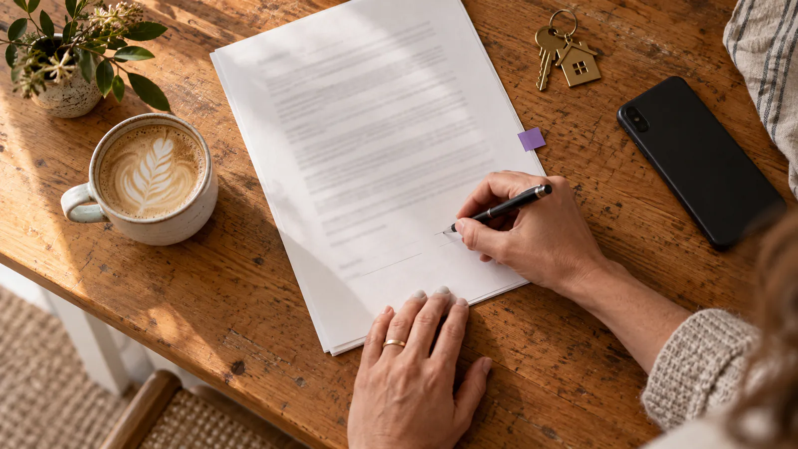 A buyer signing a property agreement with a pen