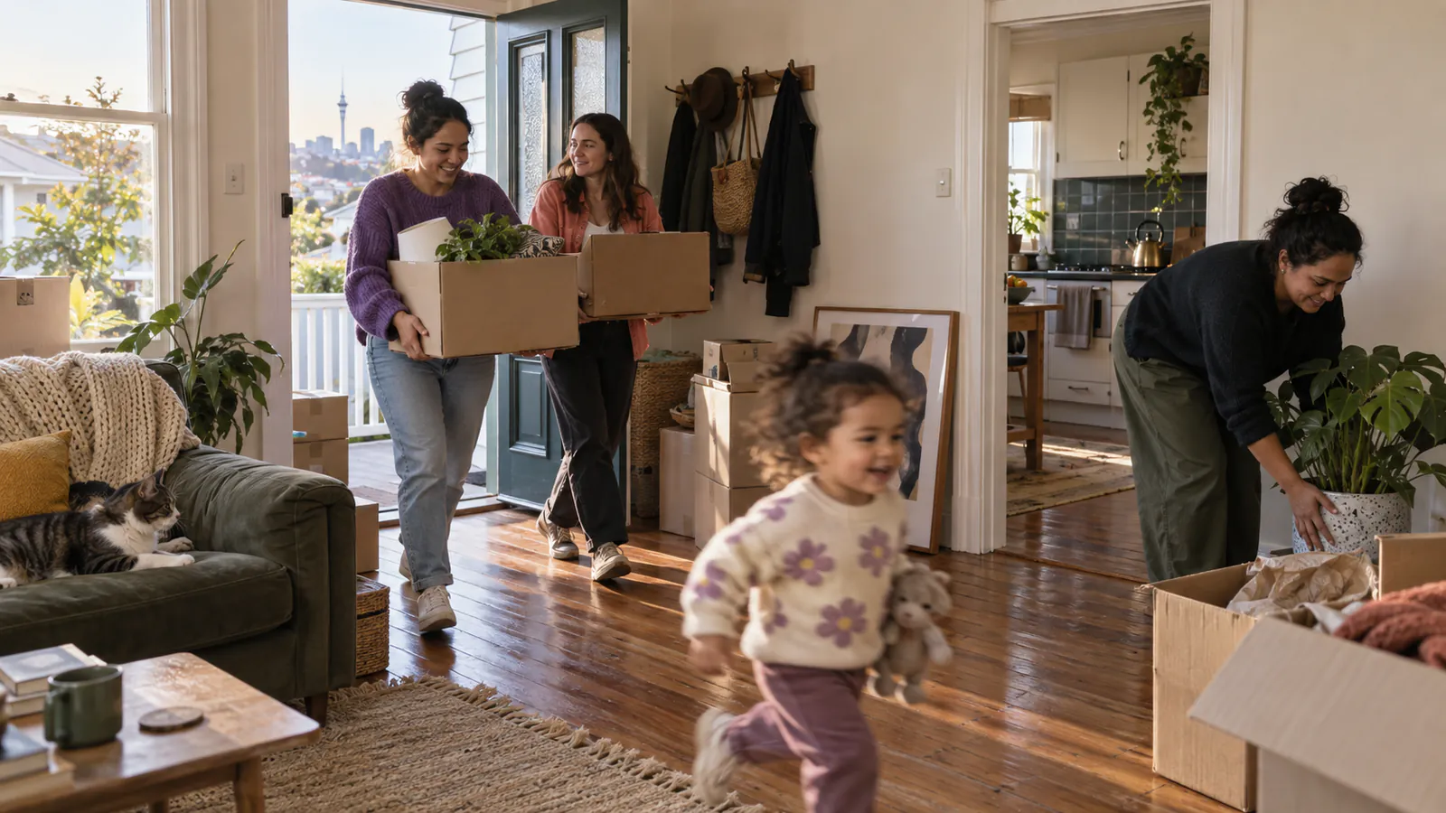New homeowners carrying boxes into their house on moving day