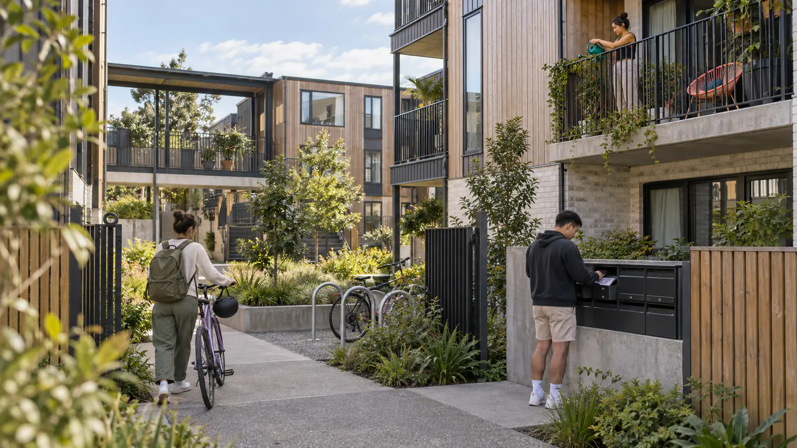 Residents using the shared courtyard of an Auckland apartment complex