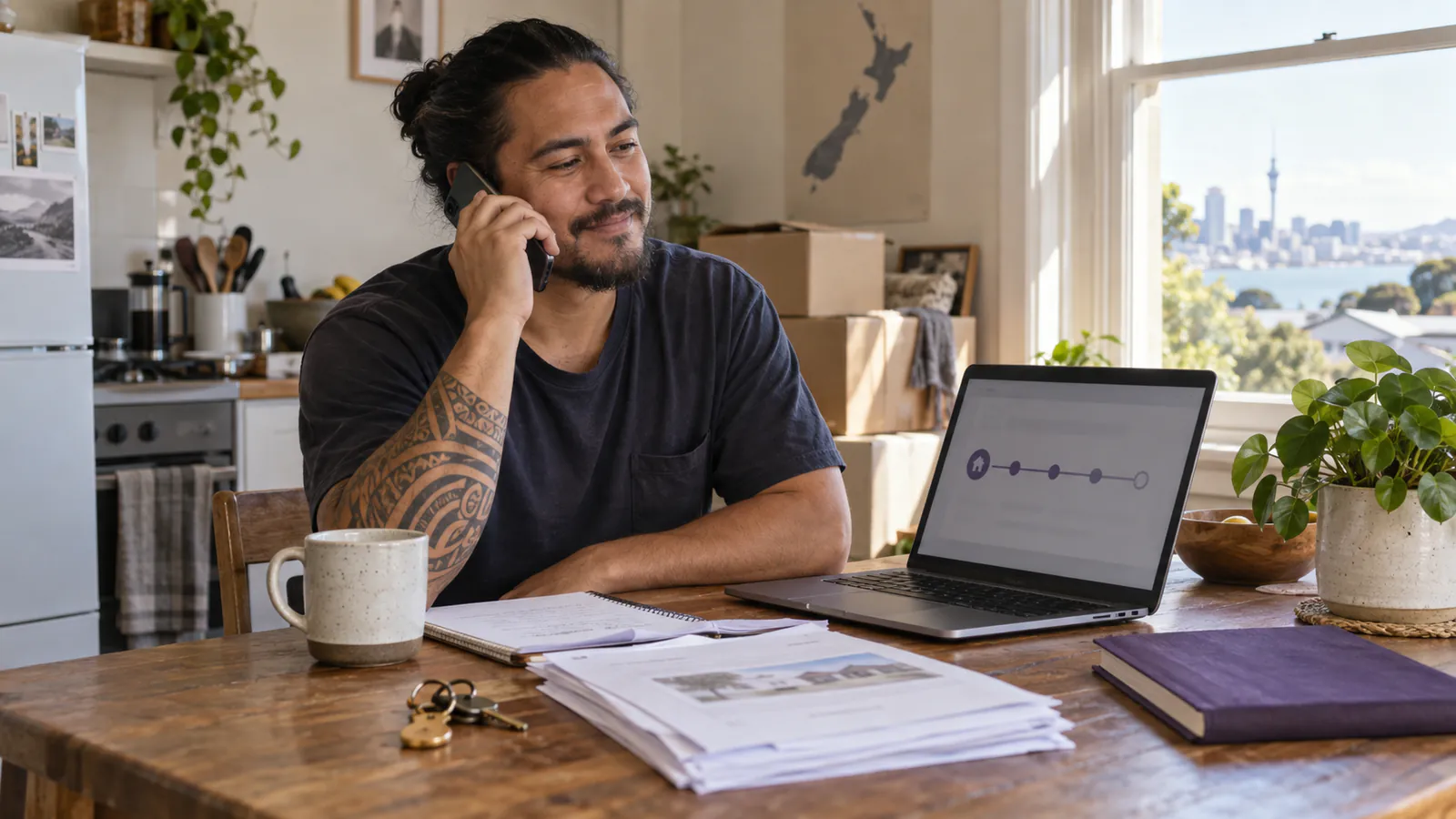 A first-home buyer speaking with his conveyancer at the kitchen table