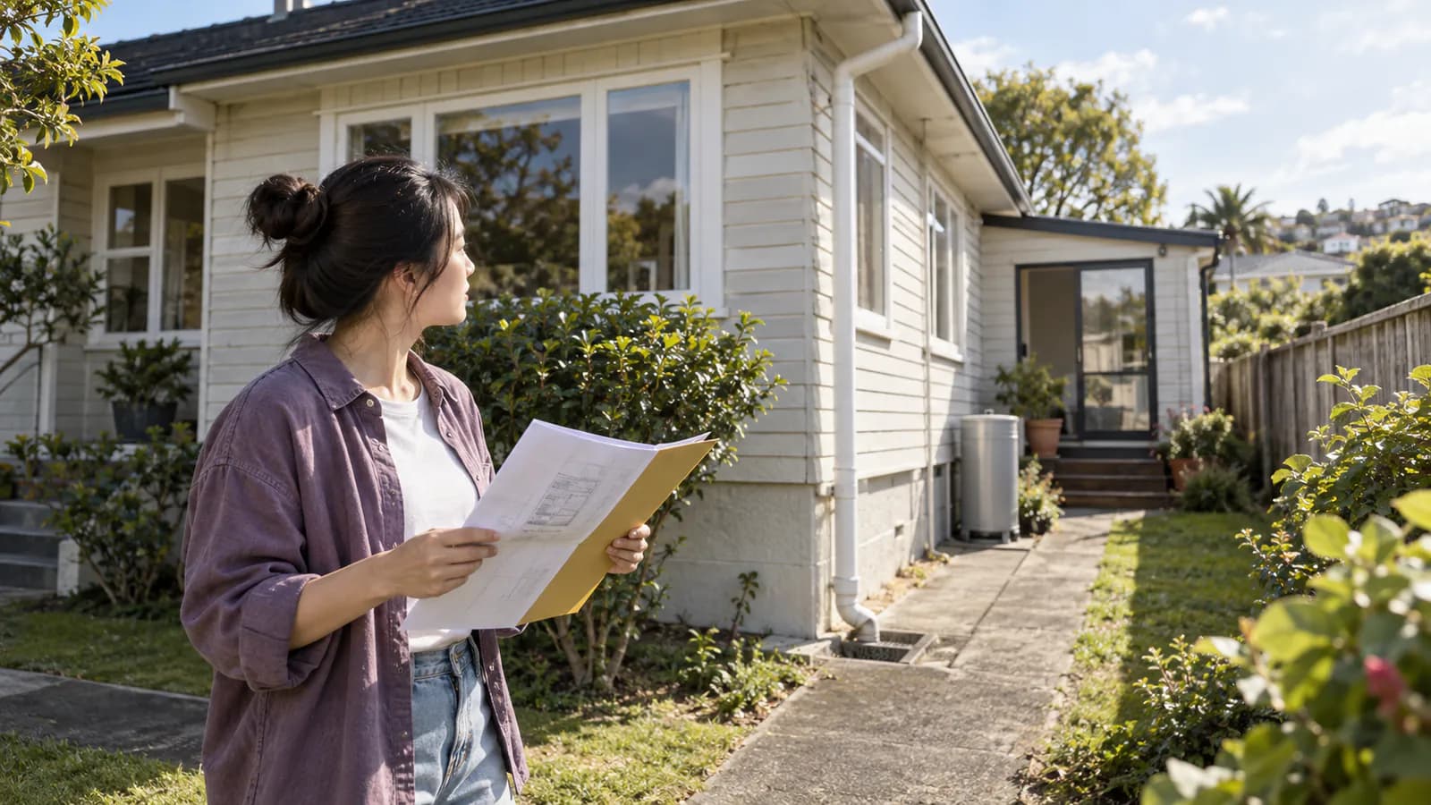 A first-home buyer comparing a LIM site plan with an Auckland weatherboard house